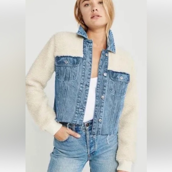 Abercrombie & fitch sherpa Denim jean jacket  Woman’s Size L Classic Blue 90’s - Picture 1 of 14